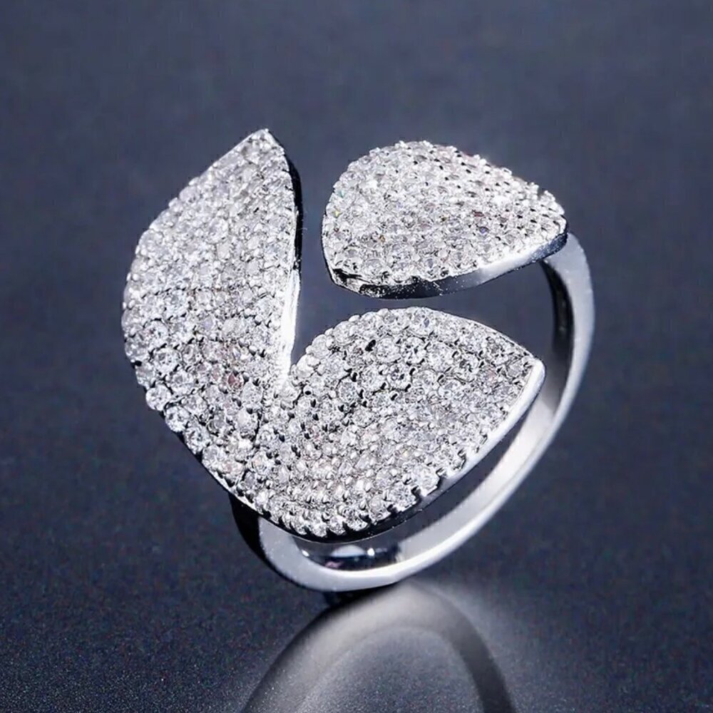 New CZ Statement Cocktail Ring 14K White Gold Plated Open Adjustable Glam